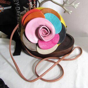 SWEET LITTLE ITALIAN LEATHER XBODY BAG  COLORFUL FLOWER ON FRONT, BODY YELLOW